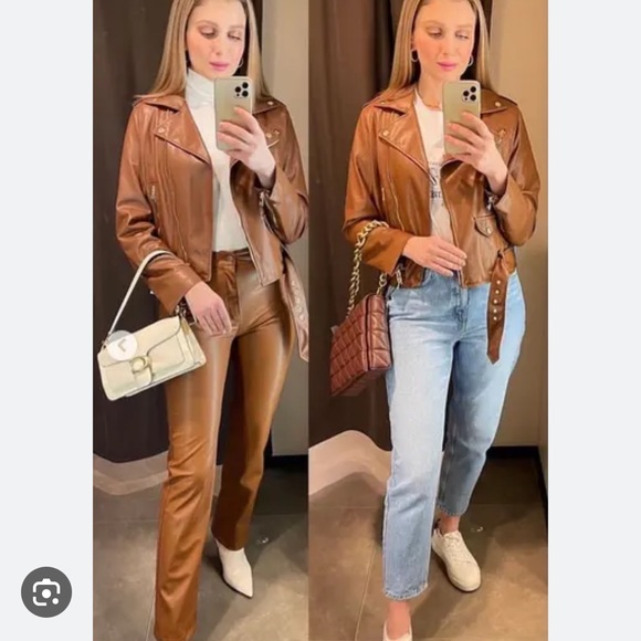 Zara bloggers favourite Women Faux Leather Biker Jacket Light Camel Size L - Picture 6 of 15